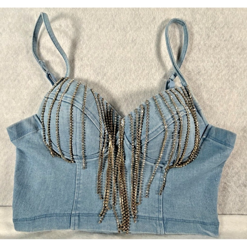 Cute Monde Womens Medium Rhinestone Fringe Corset Denim Bustier Crop Top NWT